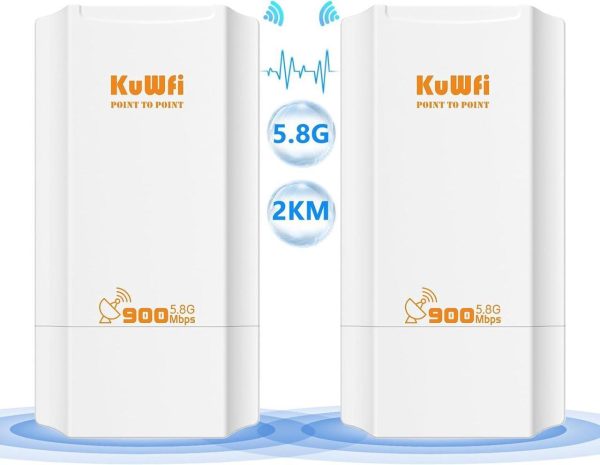 Kuwfi 5.8G Wireless Network Ethernet Bridge, Long Range Transmission Wifi Access Point Outdoor Ap Cpe Kit Ip65 Waterproof Point To Point Wifi Bridge For Extend Starlink Router Signal 2-Packs