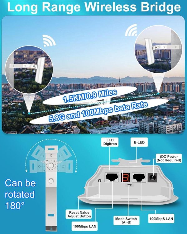 Point To Point Wireless Bridge Outdoor With Mount For Starlink Internet, 2Km 5.8G Network Wifi Bridges Extender Cpe Access Point With 14Dbi Antenna 2 100Mbps Lan Port 24V Poe Injector 2-Pack - Image 3
