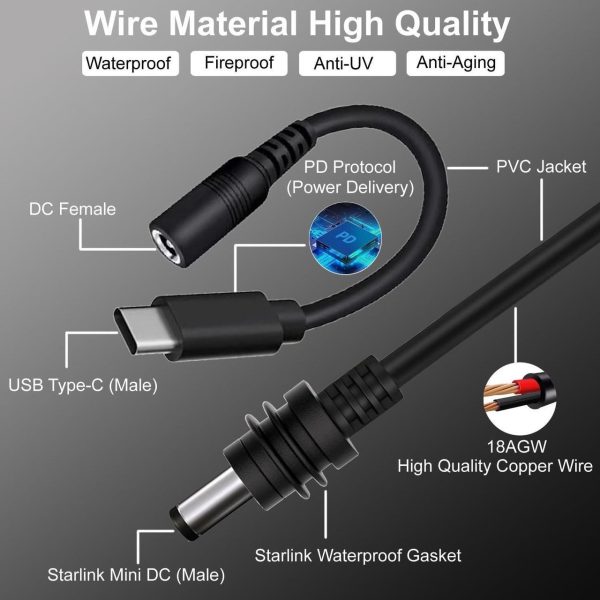 Starlink Mini Dc Power Cable With Usb C Adapter Cable, Usb C To Dc Power Cable Pd 20V, Type C Adapter +Dc Power Cable For Starlink Mini, Compatible 65W+ Pd 20V Protocol Power Supply/Source (10M) - Image 3