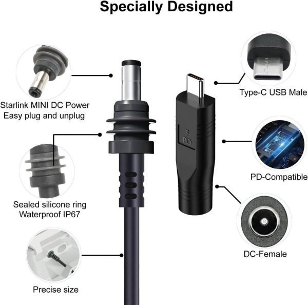 Starlink Mini Dc Power Cable With Usb C To Dc Adapter, Usb C To Dc Power Cable For Starlink Mini, Compatible With 65W+ Pd 20V Protocol Power Supply/Source, Indoor/Outdoor Grey(15M+ Usb-C Adapter) - Image 3