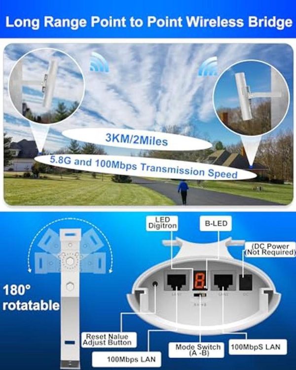 5.8G Wireless Bridge With Pole/Wall Mount Bracket - Extend Starlink Internet Access Outdoor, 2 Miles Point To Point Wifi Bridges With Poe Adapter, 2-Pack - Image 2