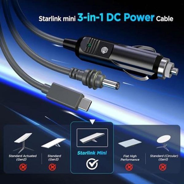 Hugener 3 In 1 Starlink Mini Cable 10Ft/ 3M, High-Speed Usb C/Car Charger/Dc To Dc Replacement Cable For Starlink Mini Power, Waterproof Extension Starlink Mini Power Cable Accessories - Image 2