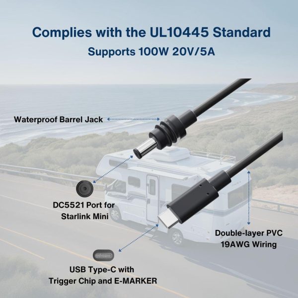 Steinwhale Dc To Usb-C Power Cable Cord 19Awg For Starlink Mini 15M/50Ft, Waterproof Barrel Jack For Outdoor Use, Support 100W 20V/5A Pd Input, Compatible With Usb-C Power Bank Charger Power Supply - Image 3